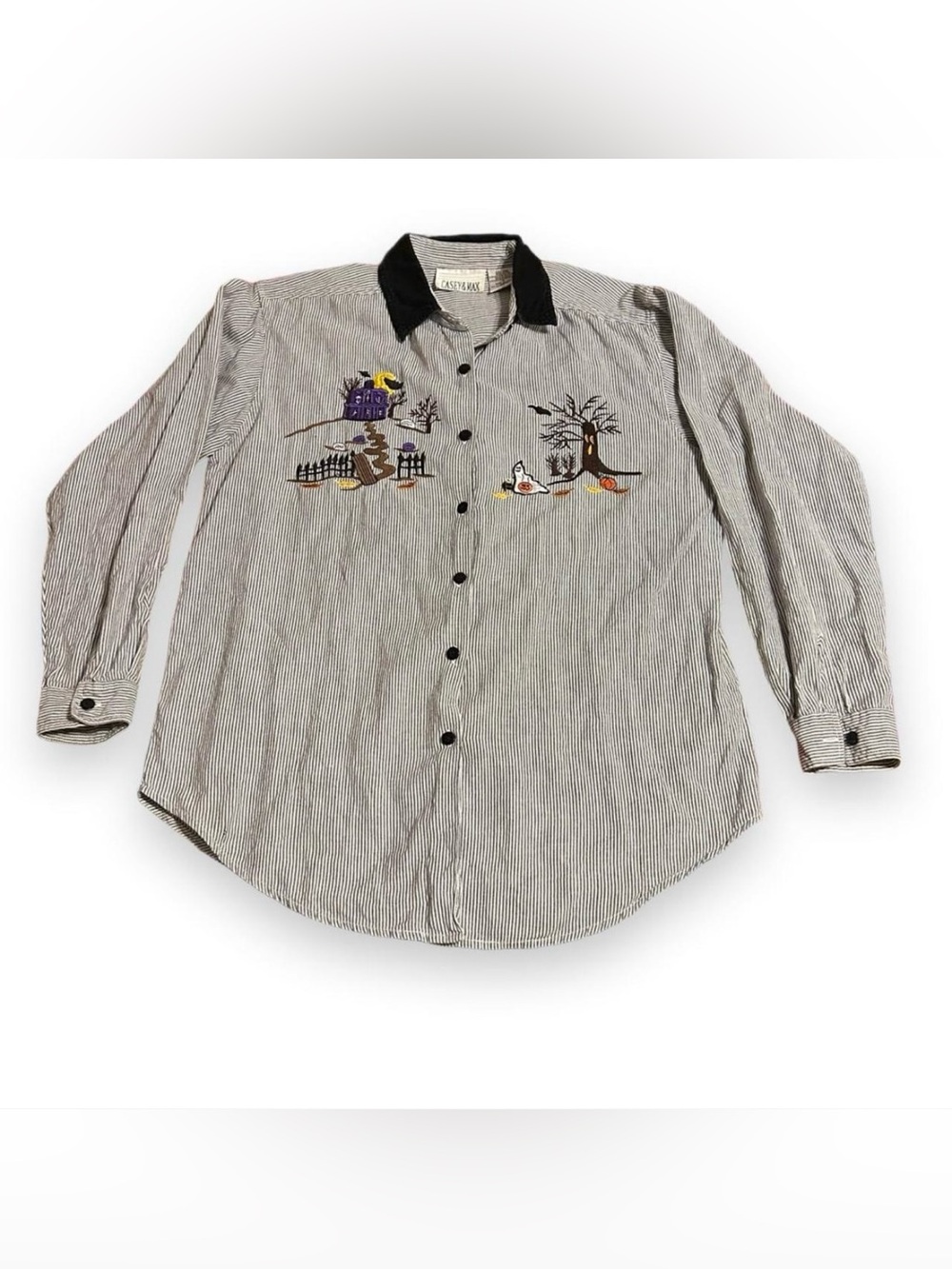 vintage casey & max embroidered striped halloween button down shirt